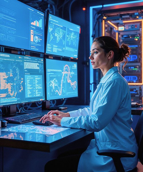 A doctor using a modern tablet interface for patient data.