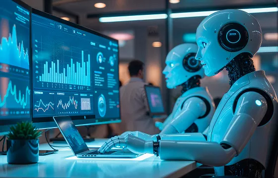 Abstract image of an AI brain processing data points and analytics